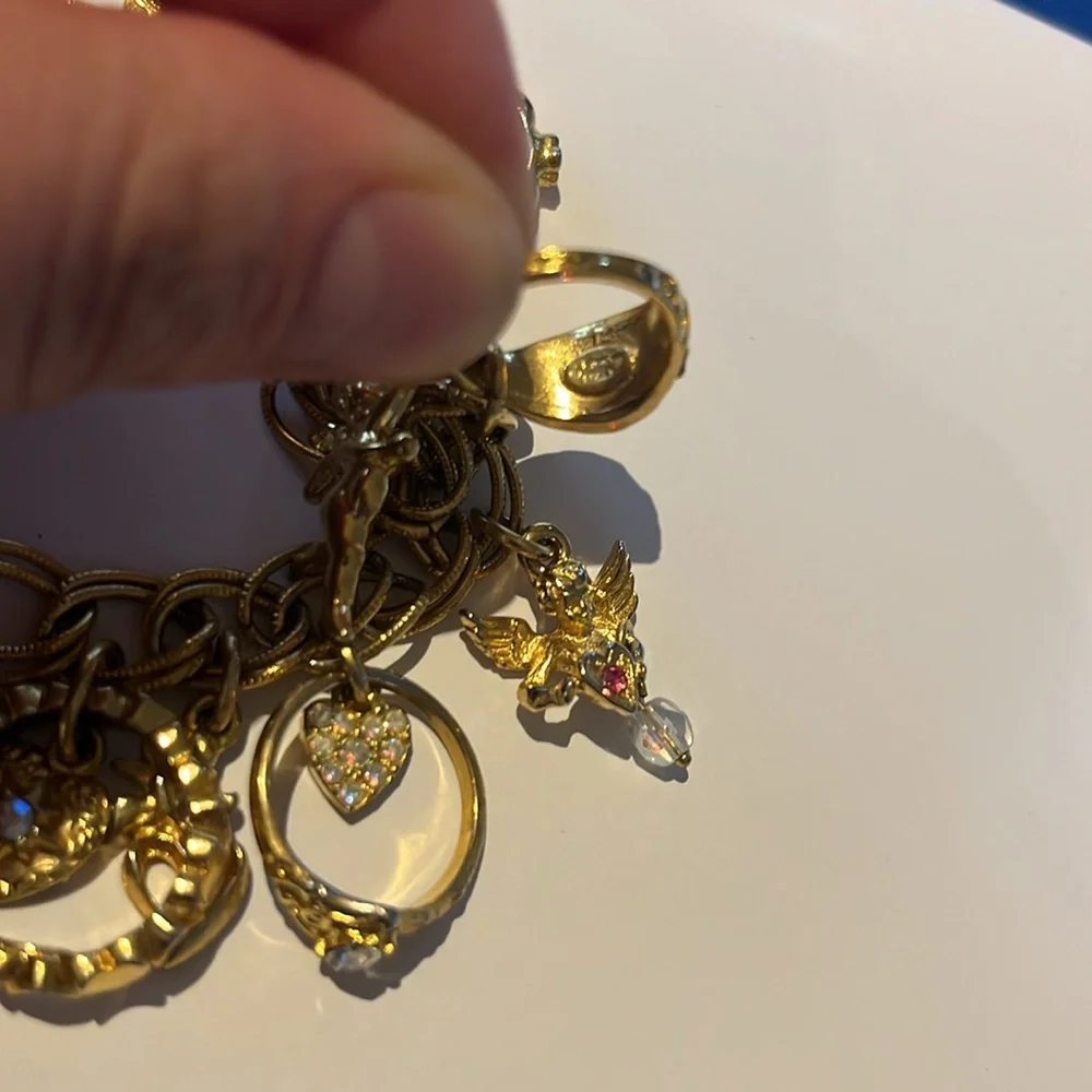 Kirks Folly charm bracelet crystal gold rings hearts cherubs dangles -Bnwot - Picture 12 of 15
